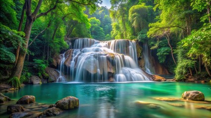 Beautiful Erawan waterfall cascading through lush tropical forest in Kanchanaburi, Thailand, waterfall, Erawan, Kanchanaburi