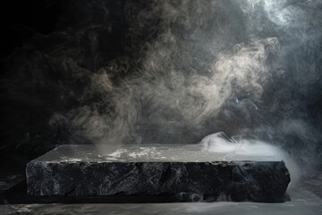 Dark stone podium with smoke for product display , product showcase