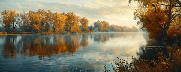 Calm river with a backdrop of autumn colors, 4K hyperrealistic photo