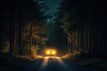 Obraz premium Night road in pine forest, car headlights illuminating the path, mysterious and adventurous