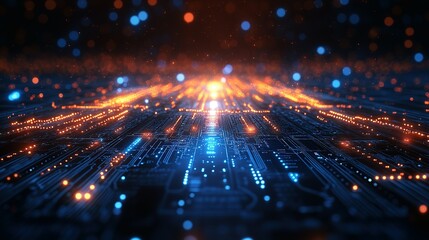 Fototapeta premium Glowing Circuit Board with Orange and Blue Lights