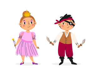 Funny kids in halloween costumes vector illustration. Happy and cute carnival children set. Pirate and princess. Characters design. For stickers, kids design, holiday banners