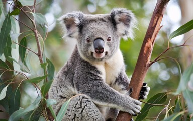 Fototapeta premium Koala in a Eucalyptus Tree: Close-Up with Lush Green Background