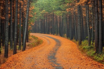 Obraz premium Forest road with fallen pine needles, autumn ambiance