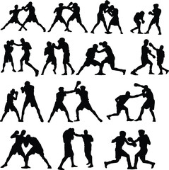 Boxer silhouette illustration. People pose while boxing isolated on white.