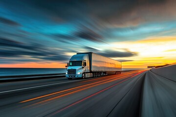 A transport truck speeding along a coastal highway at sunset, with motion blur enhancing the sense of rapid movement and efficient logistics