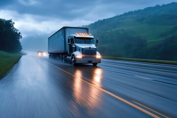 A transport truck speeding down a rain-soaked road at dusk, with motion blur highlighting its speed and the challenges of driving in adverse weather