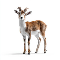 Fototapeta premium A young gazelle with curved horns, standing alert on a white background, highlighting its graceful form and natural beauty.