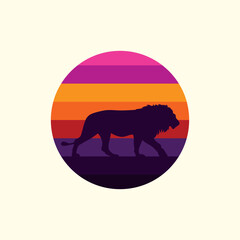 Silhouette of a lion against a striped retro sunset. Original vector illustration in vintage style isolated on light background. T-shirt design.
