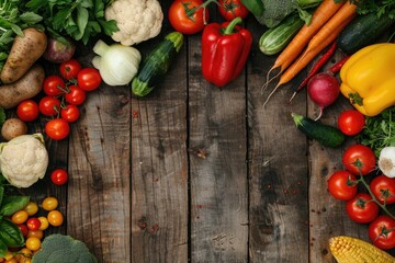 A flat lay of assorted vegetables on a rustic wooden table, with a clear area for text