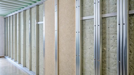 Obraz premium Plasterboard wall section with steel profile and noise insulation , construction