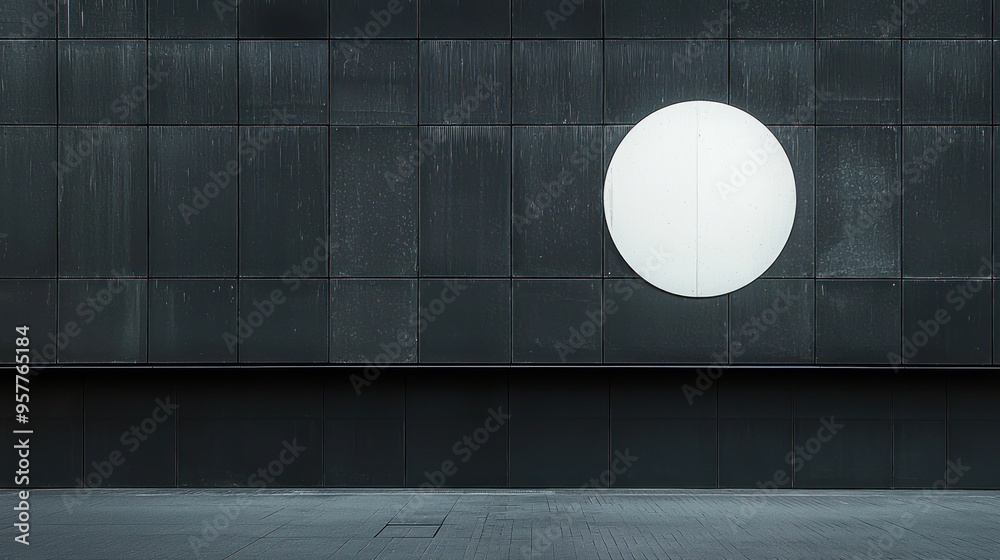 Wall mural white circle on a black tiled wall with a concrete floor