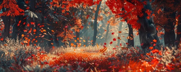 Autumn forest scene with vibrant red and orange leaves, 4K hyperrealistic photo
