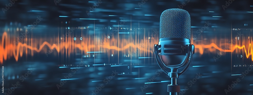 Poster Retro Microphone with Audio Waveform and Digital Interface