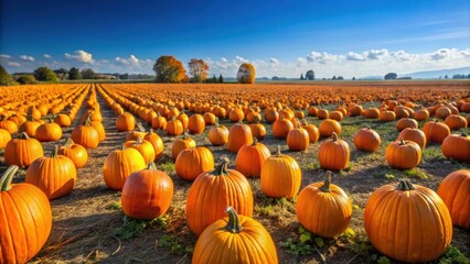 Vibrant pumpkin field with rows of ripe orange gourds under a clear blue sky, Autumn, Harvest, Farm, Agriculture, Pumpkins