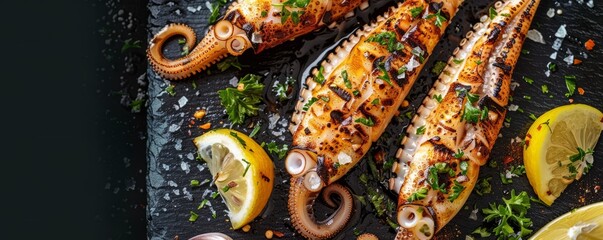Fototapeta premium Grilled squid with lemon and garlic, 4K hyperrealistic photo
