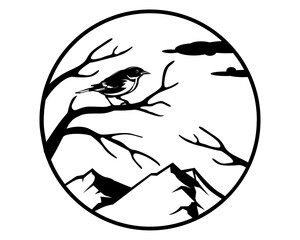 Nature Scene | Bird | Wildlife | Bird on a Tree Branch | Mountain Scene | Mountain Bird | Bird Scene | Wild Animal | Original Illustration | Vector and Clipart | Cutfile and Stencil