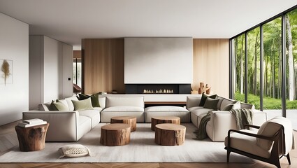 Describe a modern living room that incorporates a blend of natural and contemporary elements
