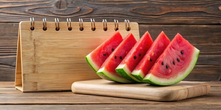 Wooden calendar with slices of ripe watermelon for National Watermelon Day , August, red, fruit, fresh, juicy, summer