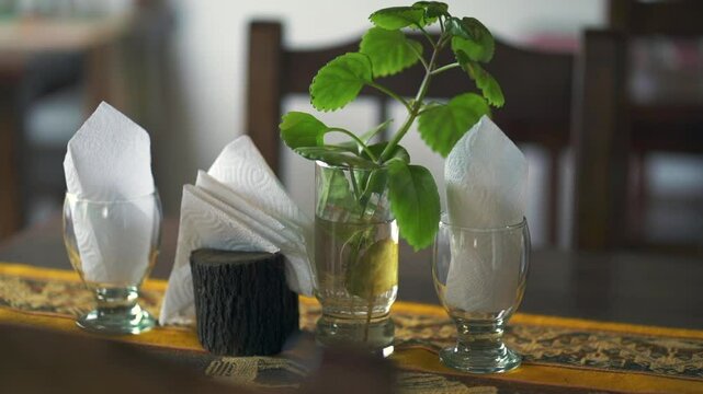 Macro closeup shot of dining table top with napkins, patterned cloth and decorative mint leaves at countryside restaurant. Blurred chairs and wall on the background. Shot on 1080p at 100fps.