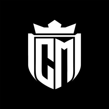recommend clip art: CM Letter logo shield shape inside shield badge crown on black background template design