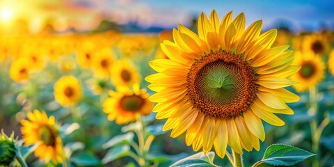 Closeup of a vibrant sunflower with other sunflowers blurred in the background, sunflower, closeup, vibrant, blurred, background