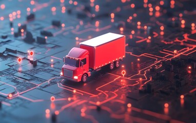 A red delivery truck on a digital circuit board background with glowing nodes, representing advanced logistics and innovation.