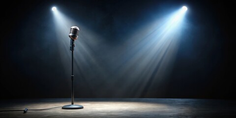 A microphone dropped on a dark stage under a spotlight, microphone, dropped, floor, stage, spotlight, dark, music, concert