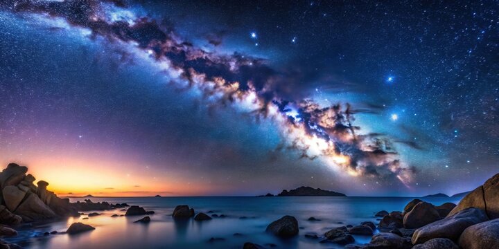 Panaromic night sky view with milky way, ocean, and boulder, panaroma, night sky, milky way, stars