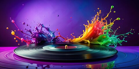 Abstract vinyl record splashing colorful paint on purple background, abstract, vinyl record, paint, splashing, colorful, purple