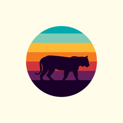 Silhouette of a tiger against a striped retro sunset. Original vector illustration in vintage style isolated on light background. T-shirt design.