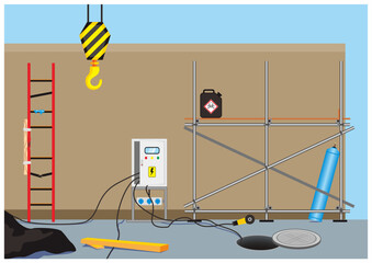 Various kind of safety hazard in the workplace vector illustration. Unsafe condition in the site project.