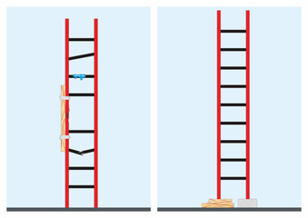 Type of improper and miss used of broken and damaged straight ladder vector illustration. Safety standard for access in construction and industrial workplace.