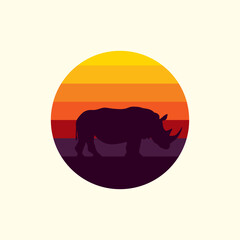 Silhouette of a rhinoceros against a striped retro sunset. Original vector illustration in vintage style isolated on light background. T-shirt design.