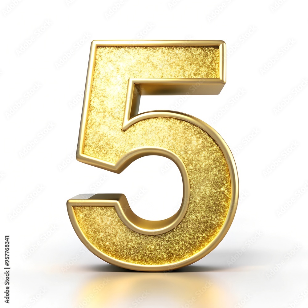 Fototapete the number 5 with a shiny gold effect on a white background