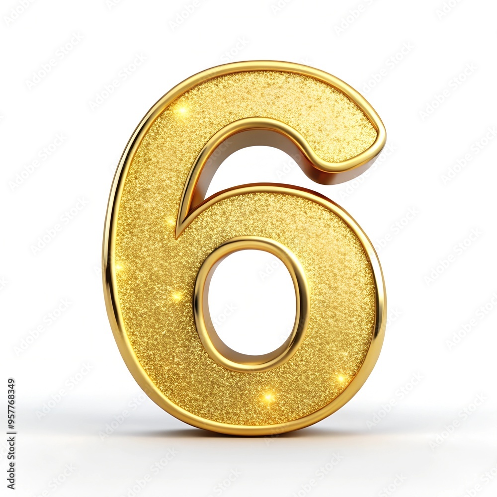 Fototapete the number 6 with a shiny gold effect on a white background