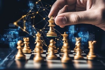 Crop-view of a hand carefully positioning a chess piece in a business setting. Dark background, digital screens, and subtle elements like dollar signs and strategy graphs woven into the scene in
