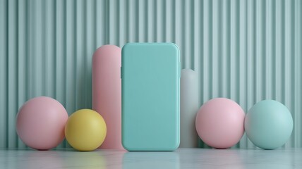 Fototapeta premium A dynamic abstract arrangement featuring pastel-hued spheres and cubes, offering a playful and modern visual style with smooth gradients.