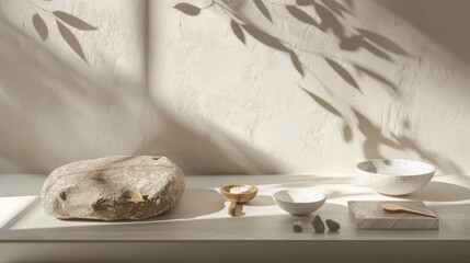 Elegant product display with stone, minimalistic design, and natural leaf shadows