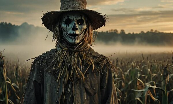 scarecrow in the field on the morning fog
