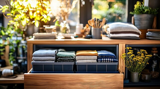 A wooden cabinet neatly arranged with folded cloth in storage bins.