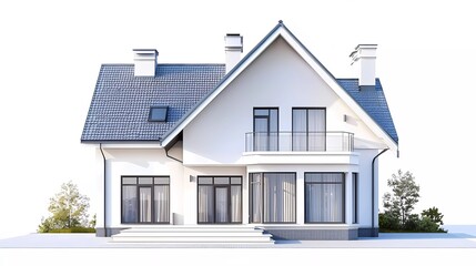 3D illustration, architecture, modern style two-story house, white, gray roof, rendering on isolated background.