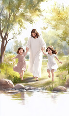 Fototapeta premium Jesus Christ and religion background with child