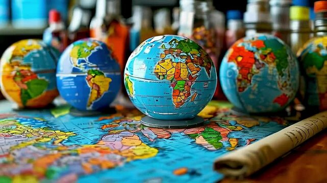 A collection of  globes  sit on  a table , with  a rolled-up map  and  a few bottles  scattered around.
