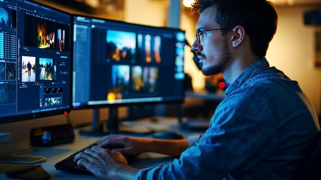 The content creator uses computer editing video footage in the office