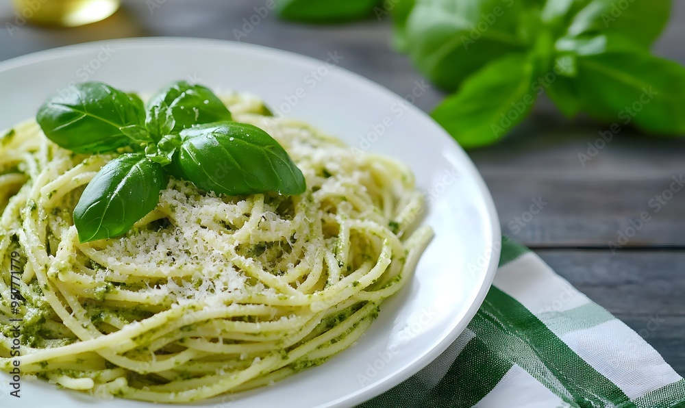 Wall mural a plate of pasta coated in green pesto sauce, generative ai