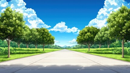 Fototapeta premium Serene Anime Landscape: Idyllic Countryside Road Flanked by Lush Green Trees in Japanese Style Animation