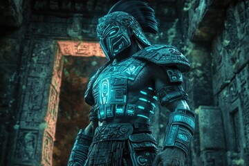 A Futuristic Warrior with Ancient Mayan-Inspired Armor