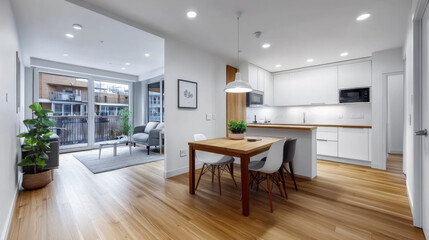 Fototapeta premium Modern apartment interior with an open-concept kitchen and dining area, featuring minimalist furniture and natural light from large windows.