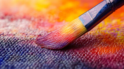 Fototapeta premium An extreme close-up of a watercolor brush tip, saturated with vibrant colors, as it gently touches textured paper, with the surface fibers absorbing the pigment, capturing the delicate transition of